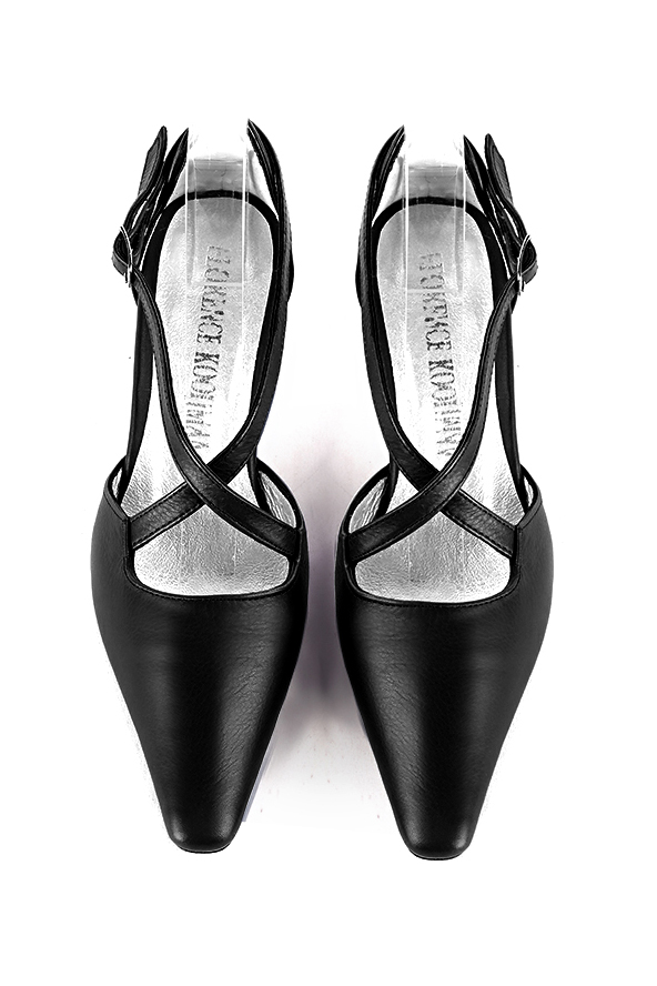 Women's satin black open side dress shoes, with crossed straps. Tapered toe. Medium spool heels - Top view